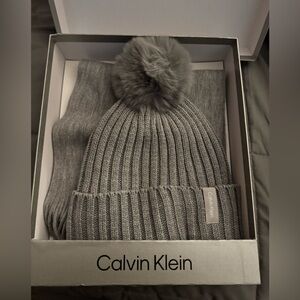 Calvin Klein Charcoal Knit Beanie and Scarf Set